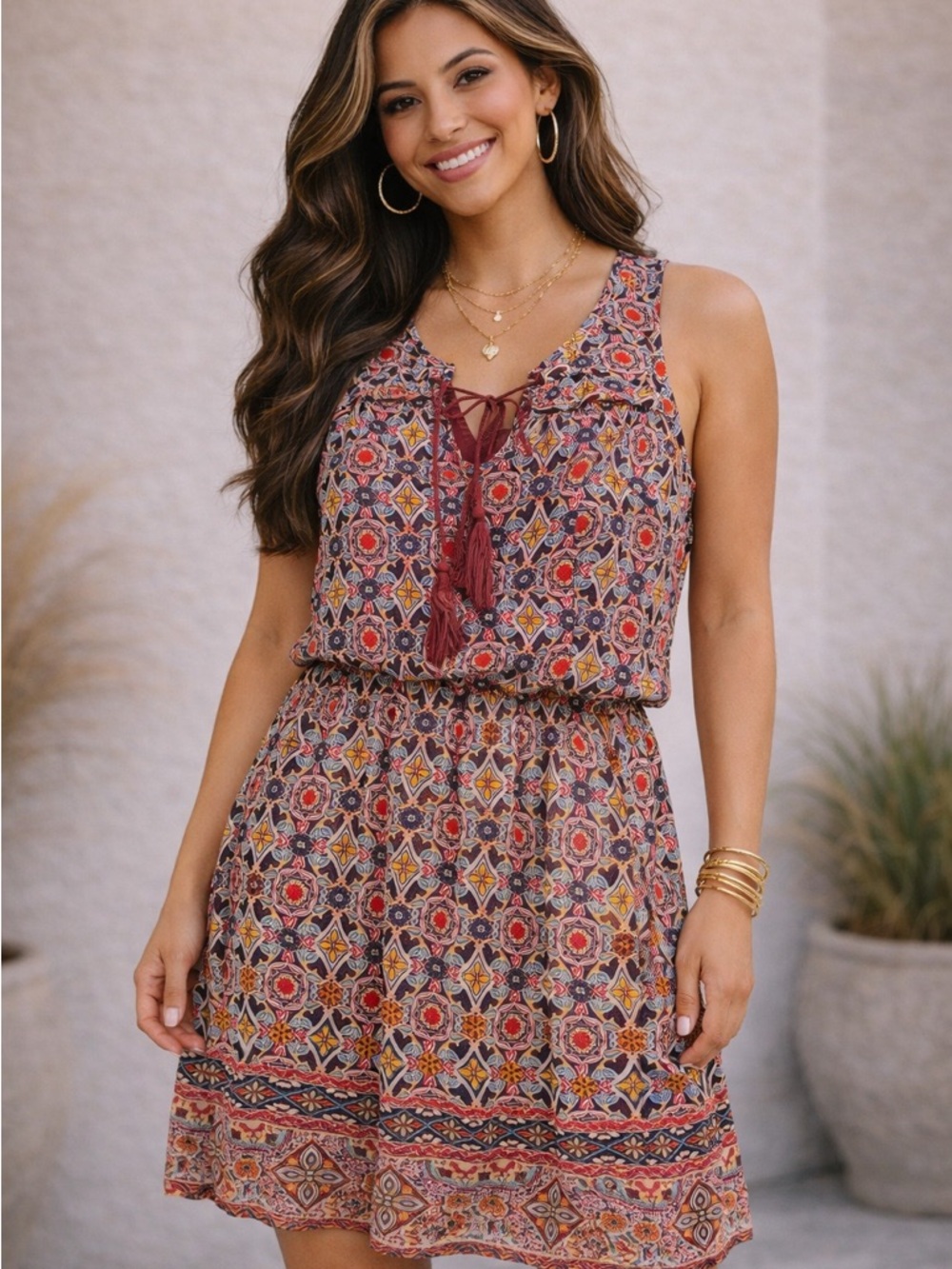 Boho Printed Sleeveless Tie-Front Dress in Burgundy Multi